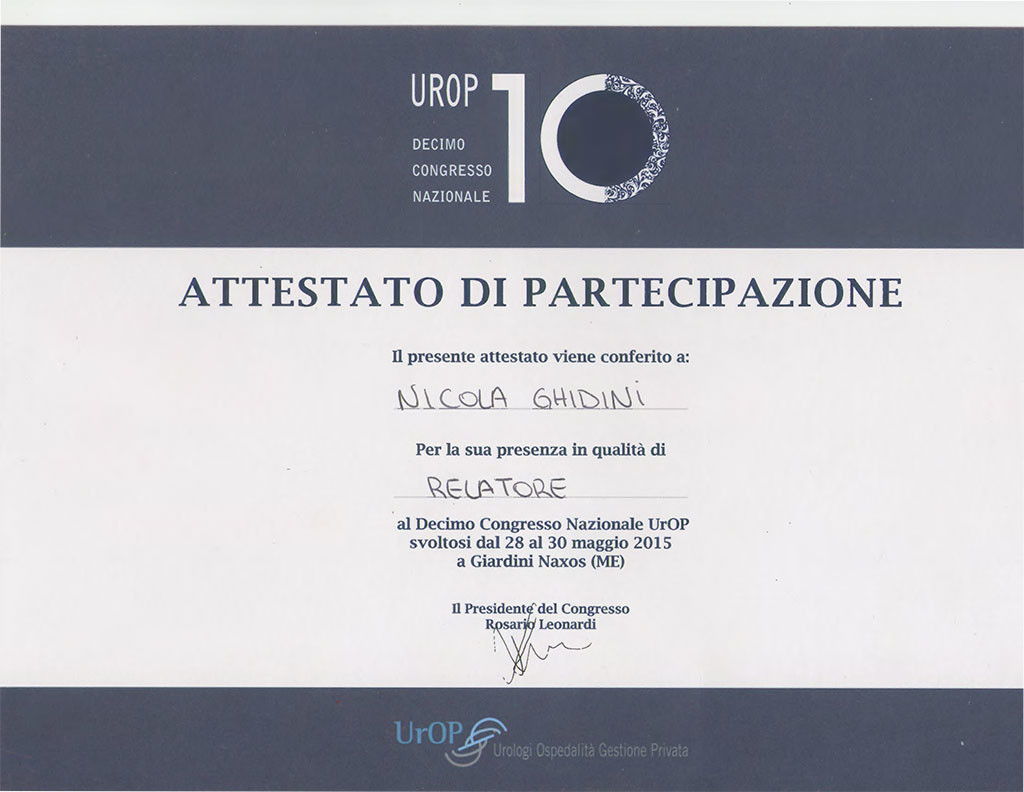 attestato di partecipazione al decimo congresso nazionale UrOp relatore dr. Nicola Ghidini