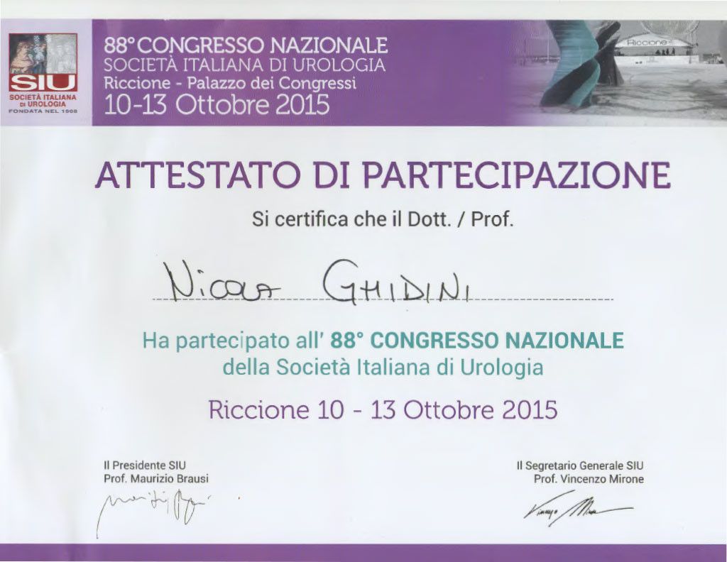 attestato di partecipazione al Congresso Nazionale di Urologia Dr. Nicola Ghidini 