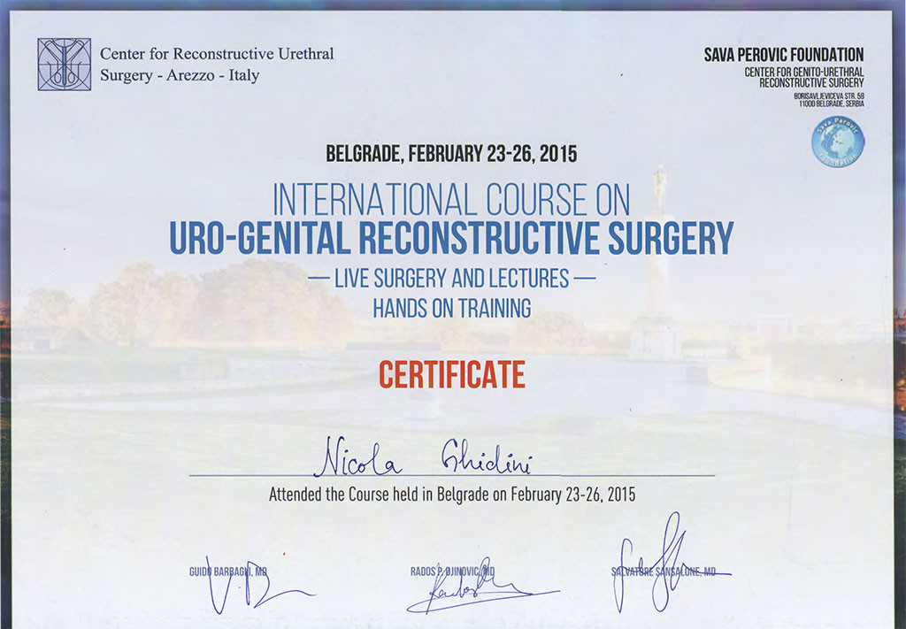 Dr. Nicola Ghidini attestato uro genital reconstructive surgery